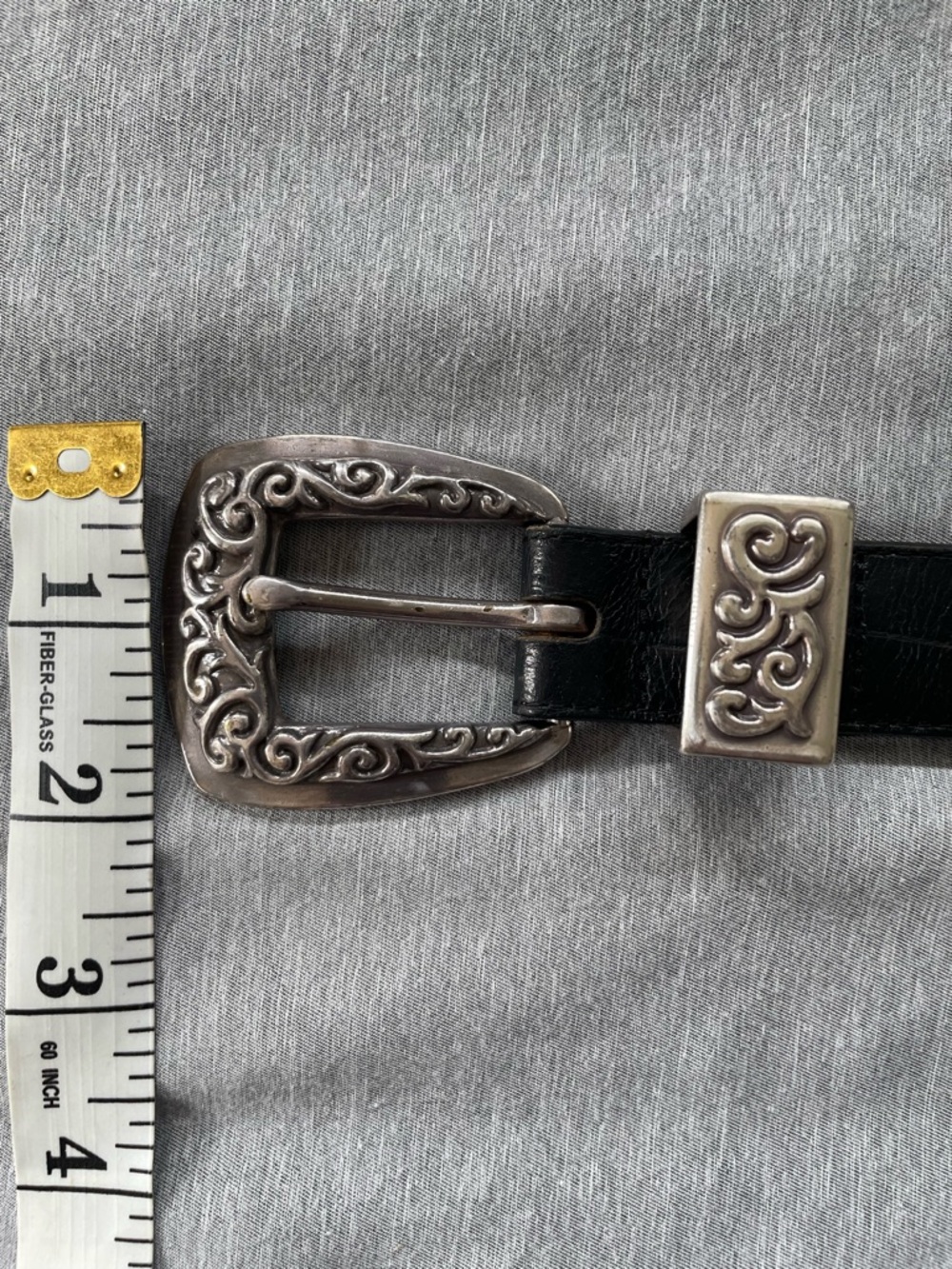 Brighton Vintage  Black Leather Belt with Silver-toned Scroll Buckle